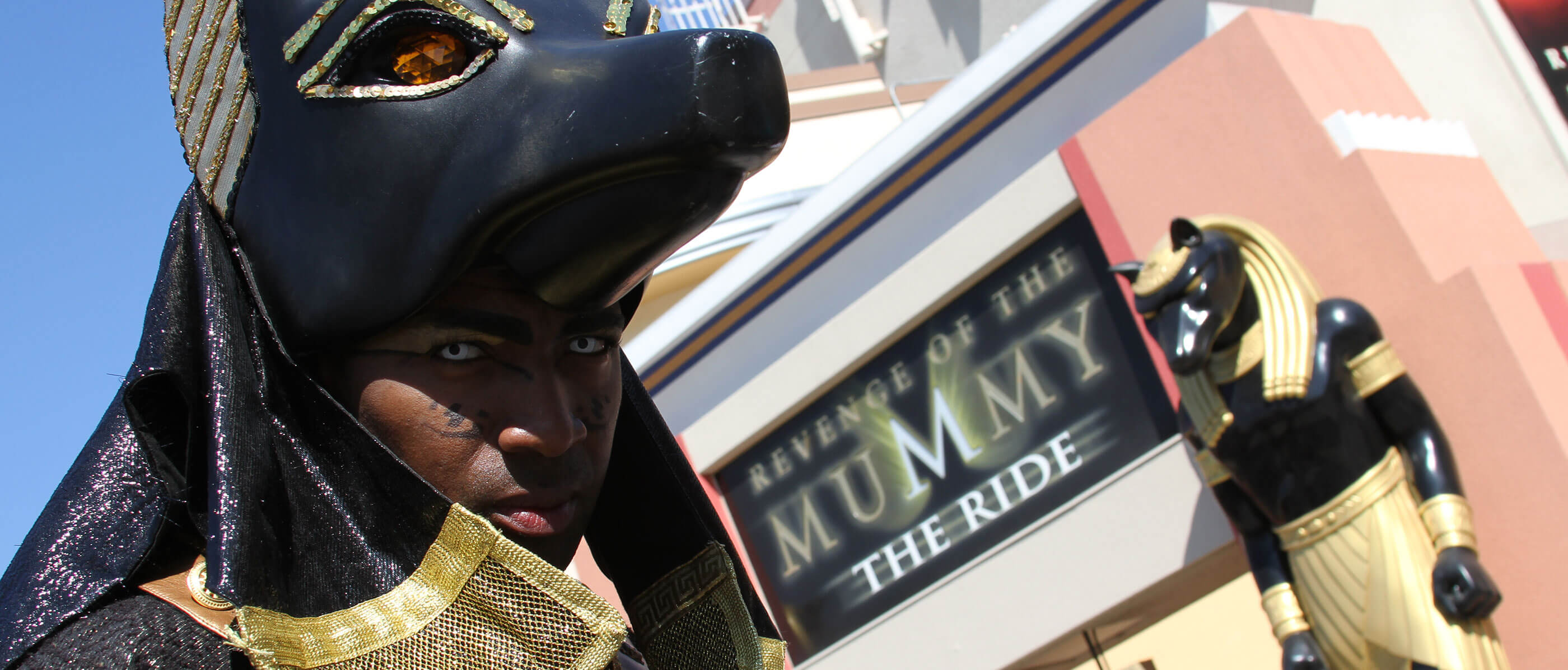 A man dressed as a character from the Revenge of the Mummy.