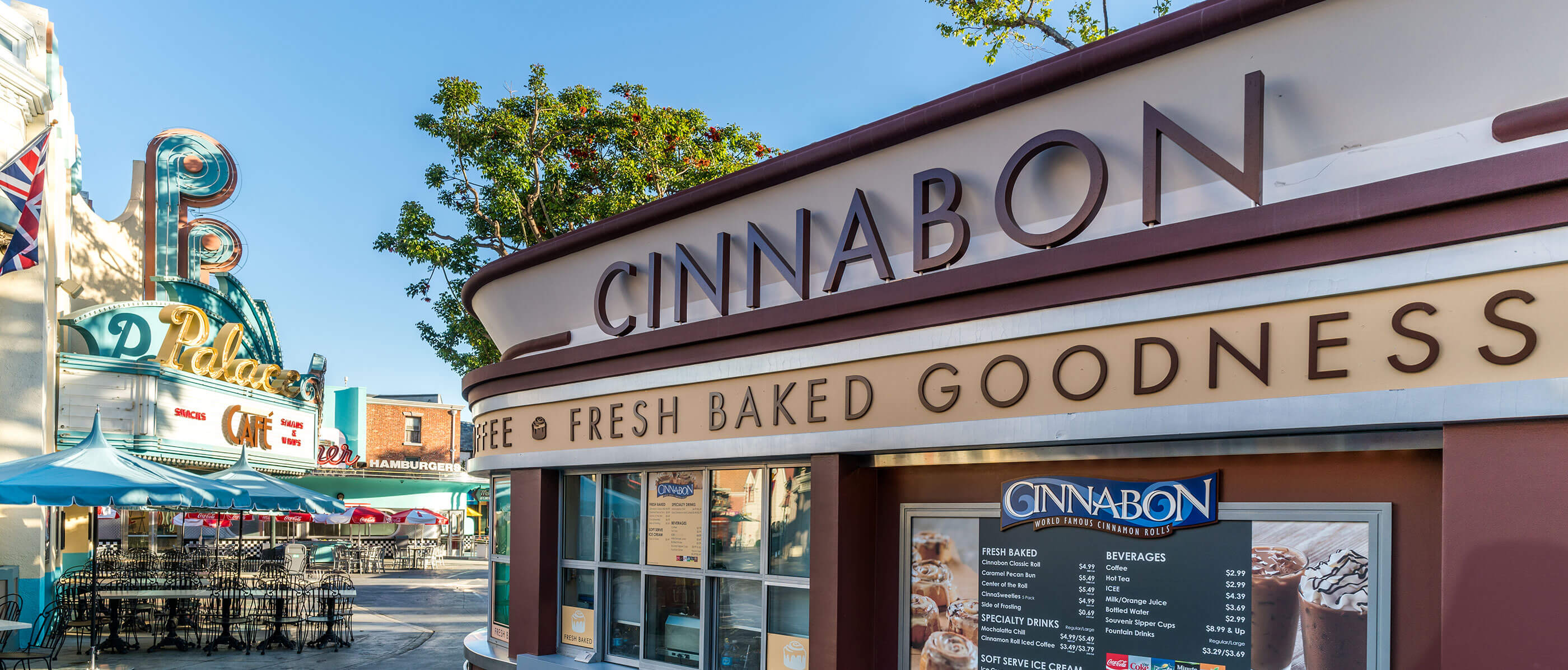 The outside of a Cinnabon restaurant.