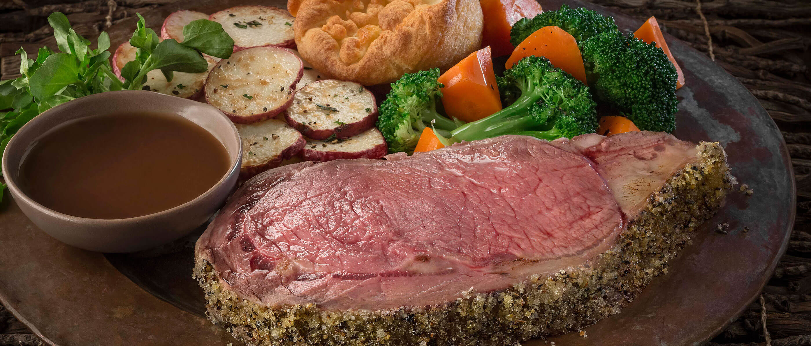 Plate full of steak, potatoes, and veggies.