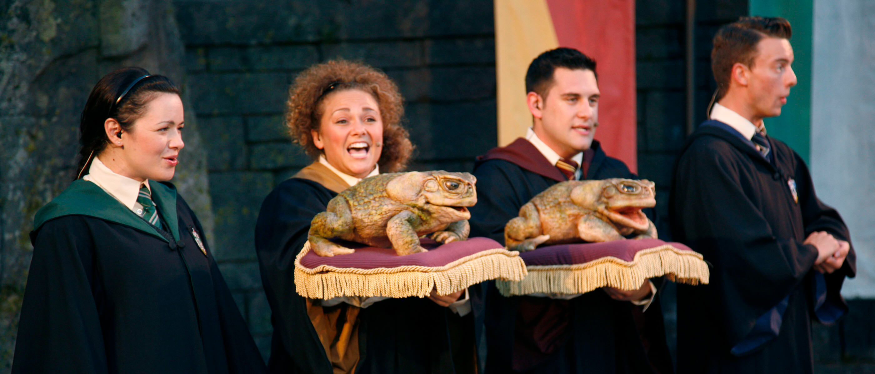 Four people speaking, two are holding large frog figures.