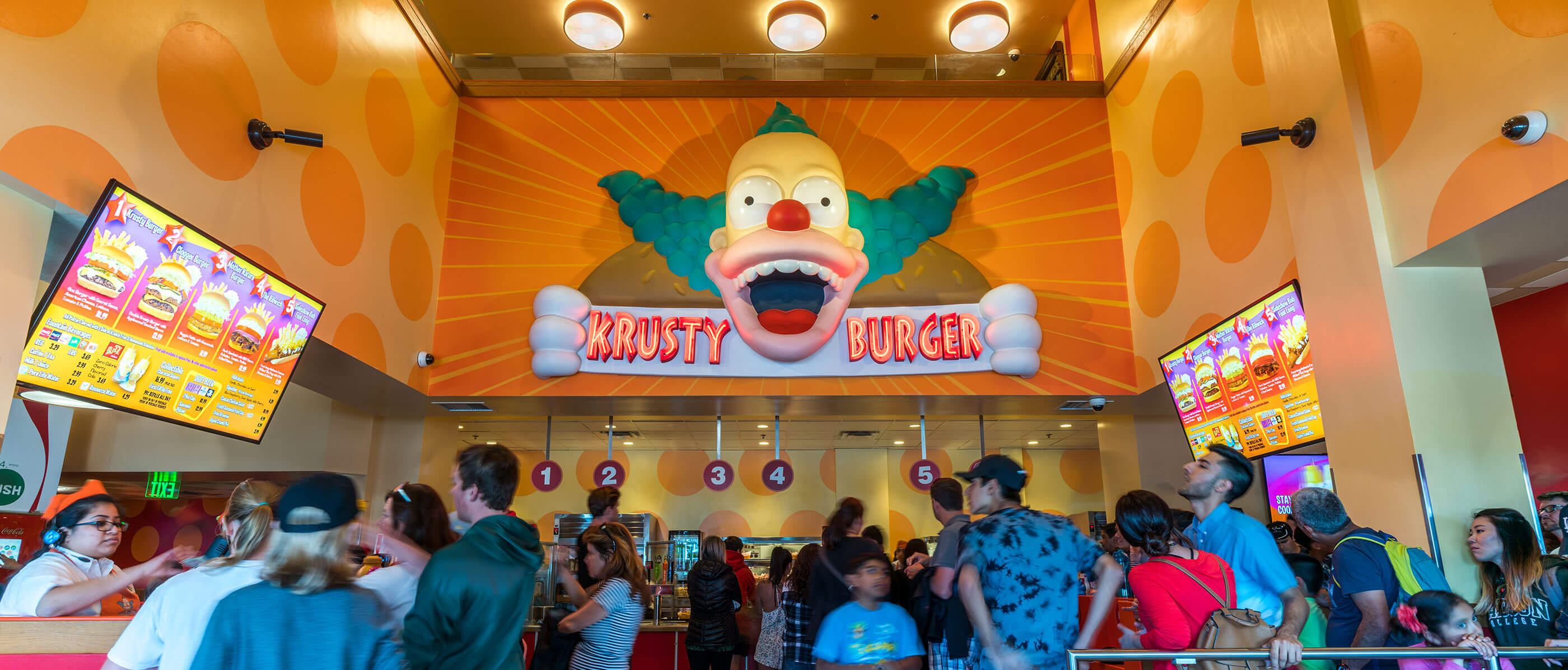 The inside of a Krusty Burger restaurant.