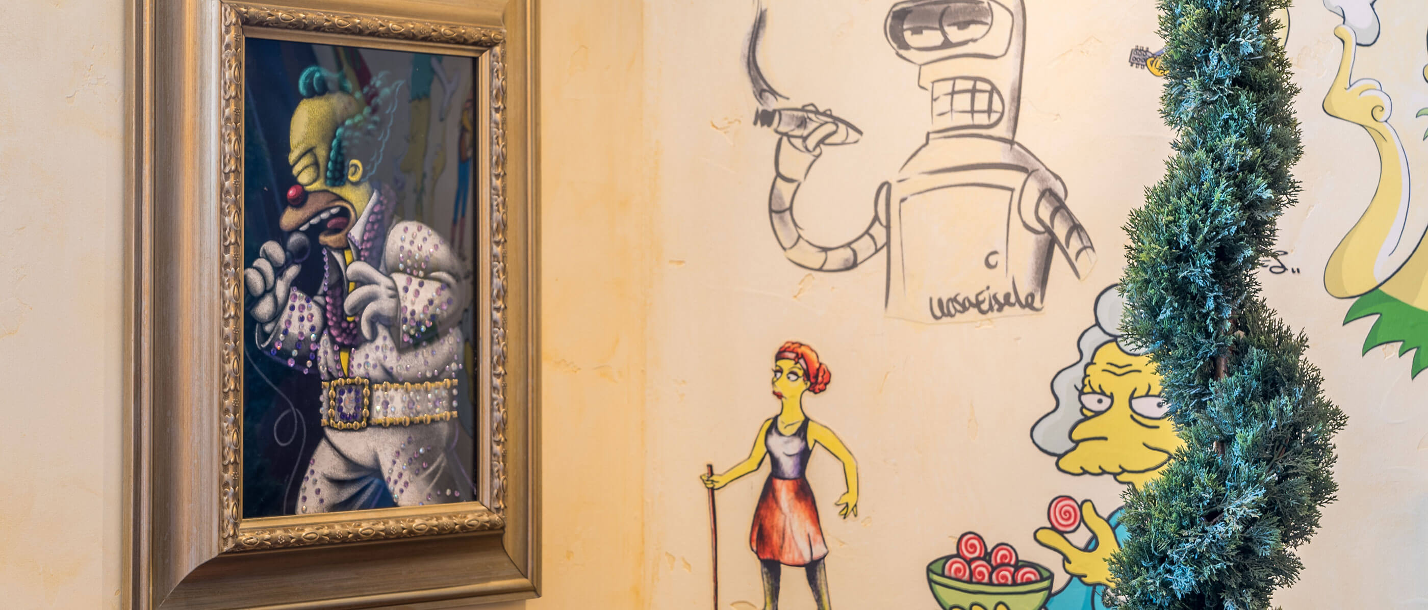Wall with drawings of characters from the Simpsons.