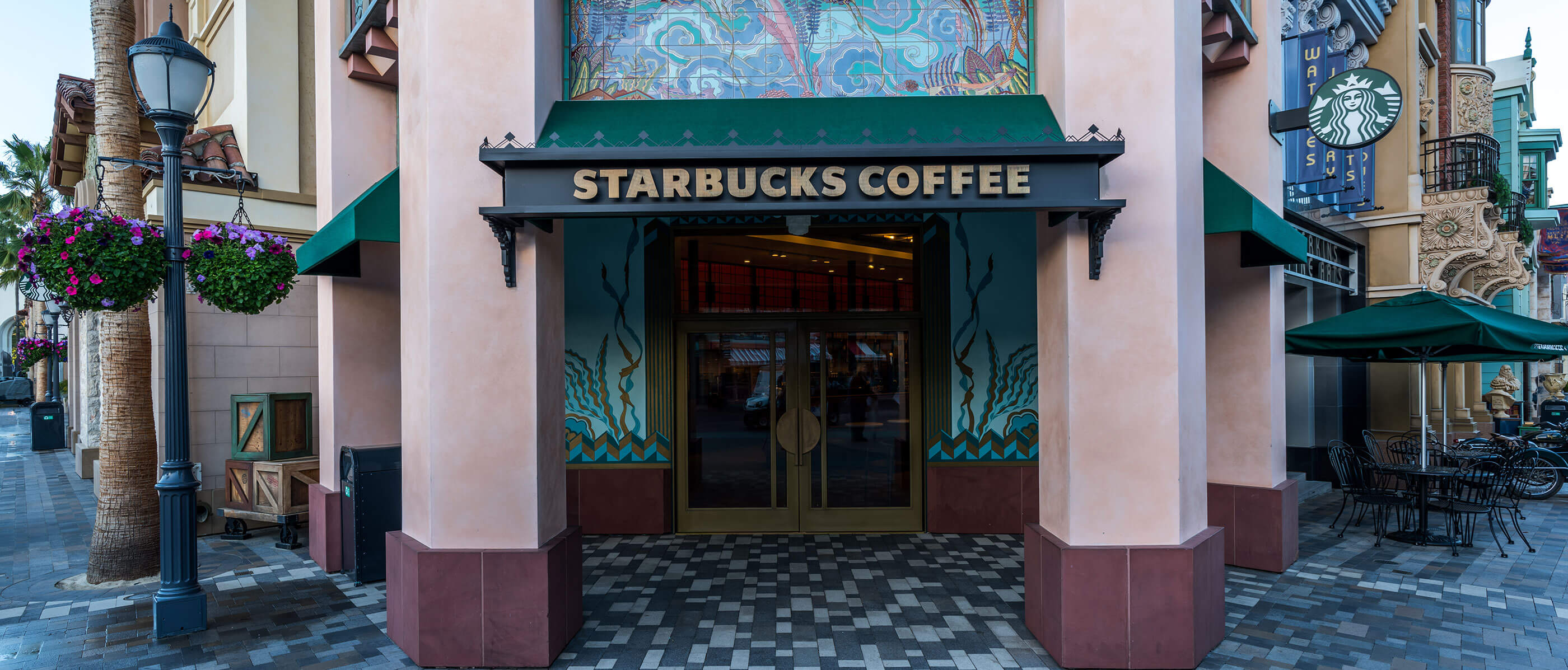 The entrance to Starbucks.