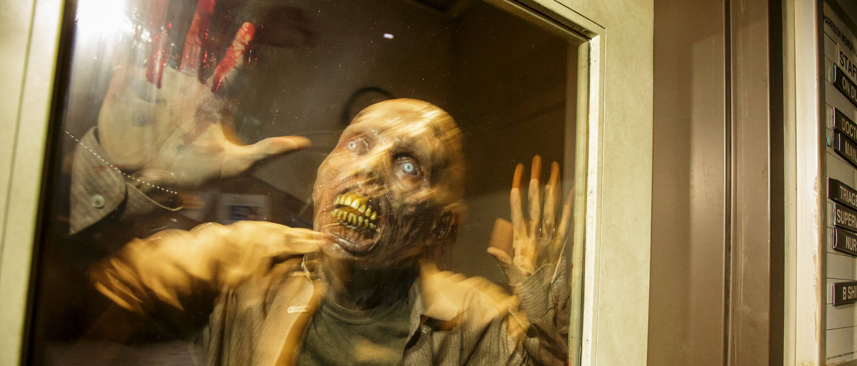 An upclose shot of a zombie pushed against the glass with blood on it's hands.