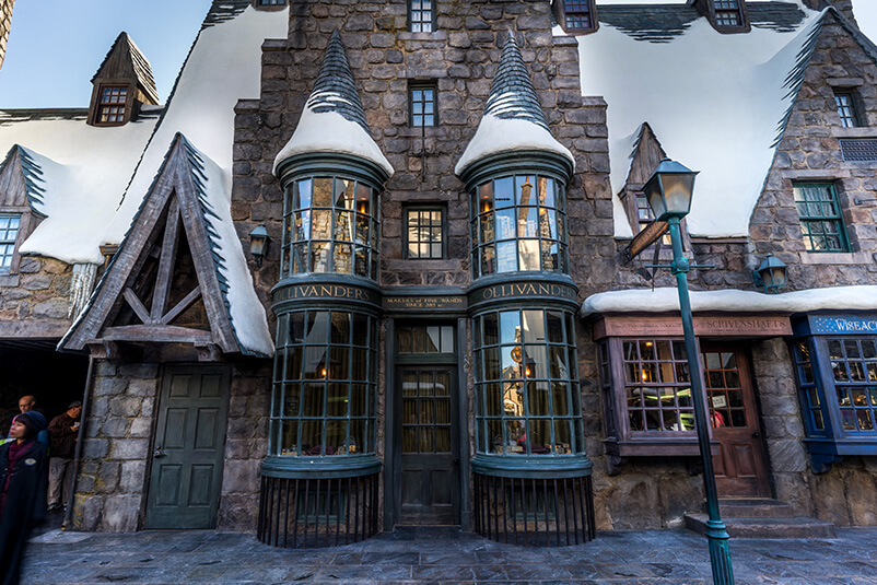 The outside of Ollivanders wand shop in The Wizarding World of Harry Potter.