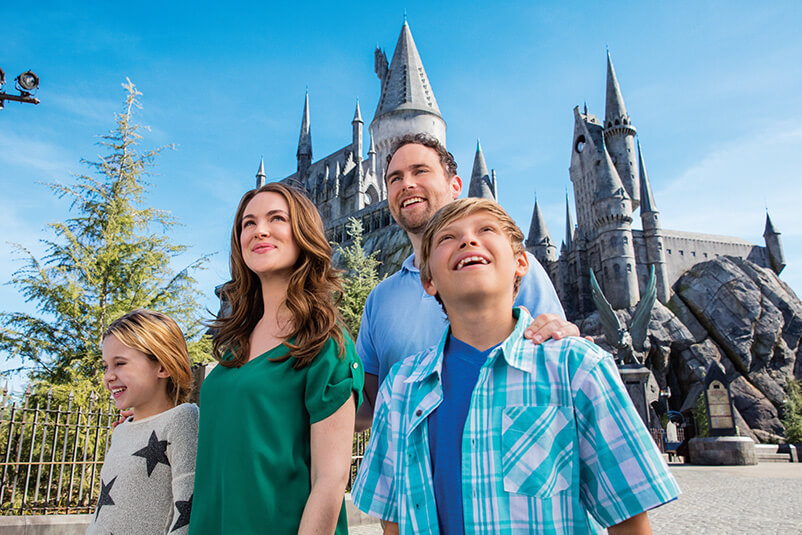 Family looking at the sky, standing in front of a castle on a sunny day.