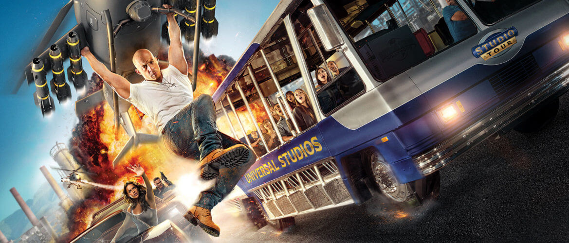 Vin Diesel holding onto plane for Tram Tour Fast and Furious ride
