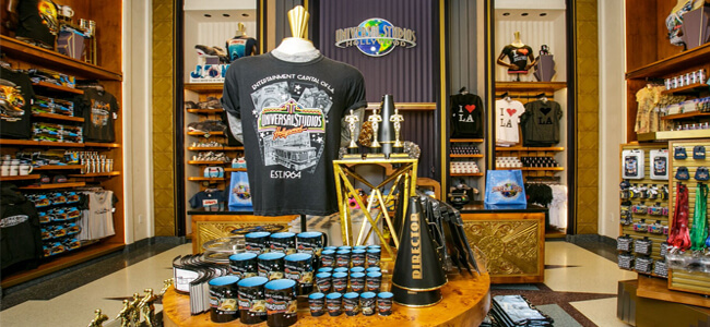 Merchandise laid out inside of the Universal Studios Hollywood shop.
