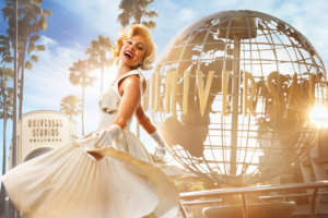Marilyn Monroe in front of Universal Globe