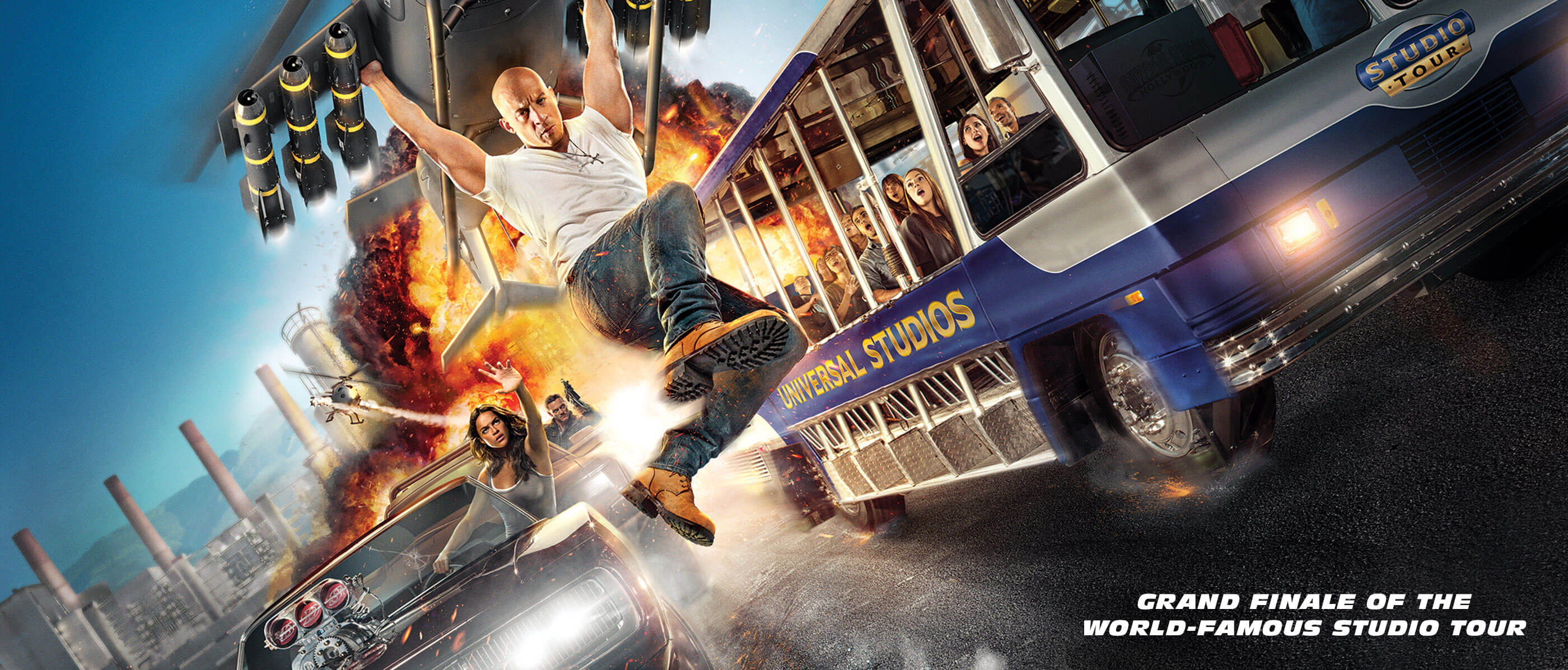 Vin Diesel holding plane on Tram Tour ride for Fast & Furious: Supercharged