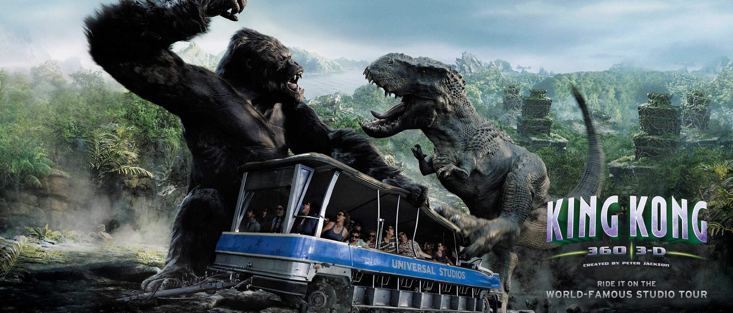 King Kong hitting Dinosaur in front of tram