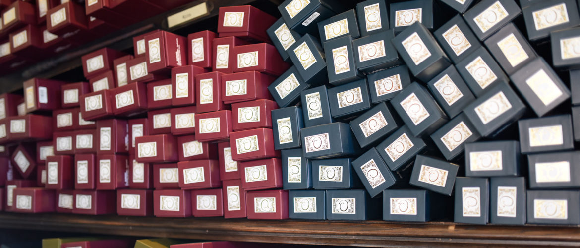 Boxes of wands on a shelf