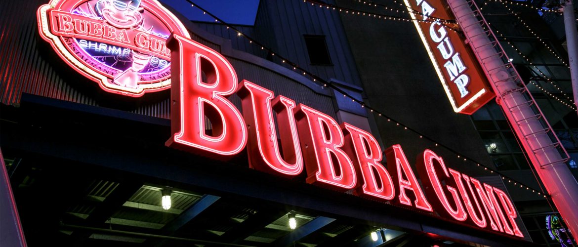 Neon light exterior sign of Bubba Gump Shrimp Company