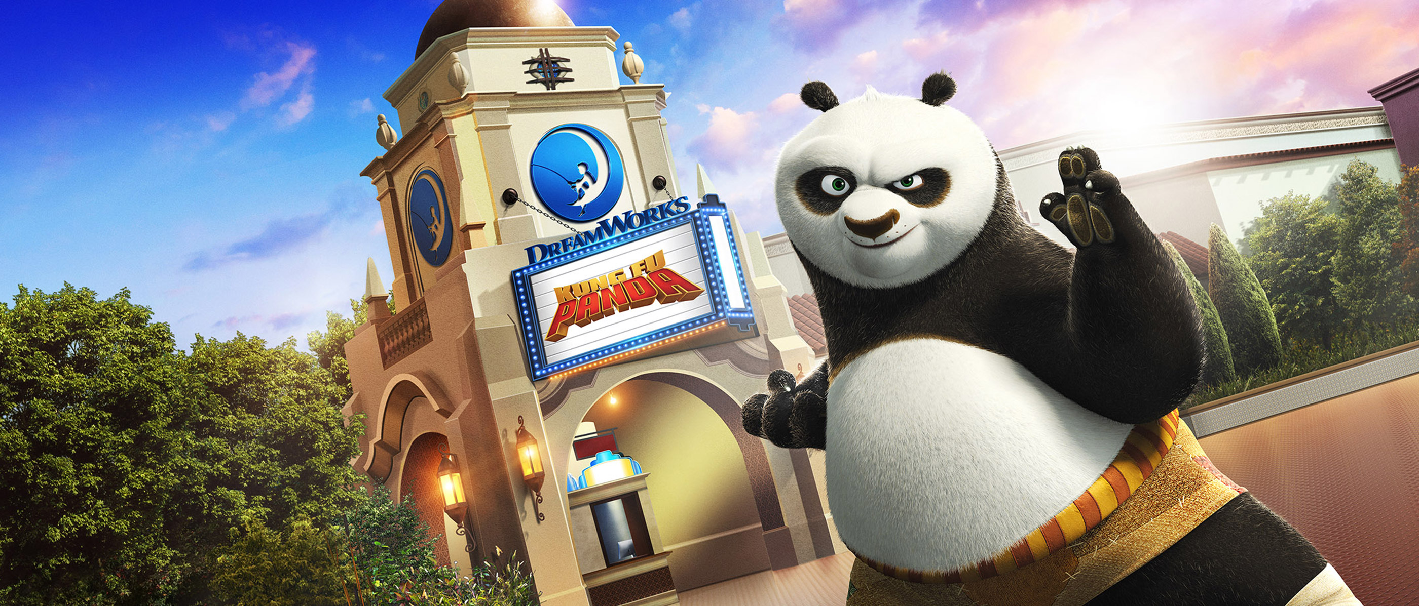 Po posing in front of DreamWorks Theatre