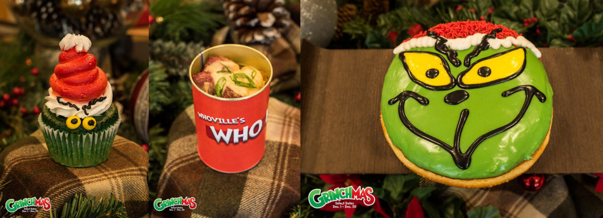 Grinch cupcake, Grinch hash treat and Grinch donut
