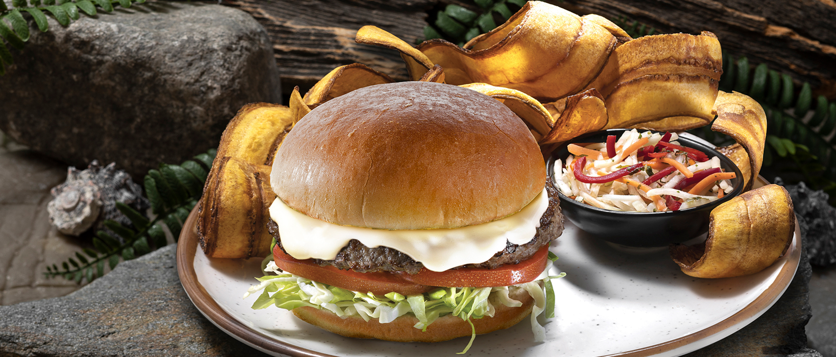 Isla Burger with plantain chips